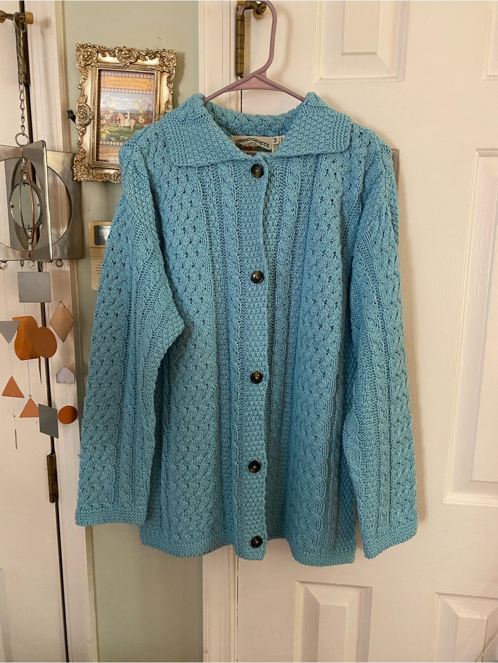 Vintage Aran Crafts Cable Knit Blue Cardigan Ireland Fisherman Sweater Medium